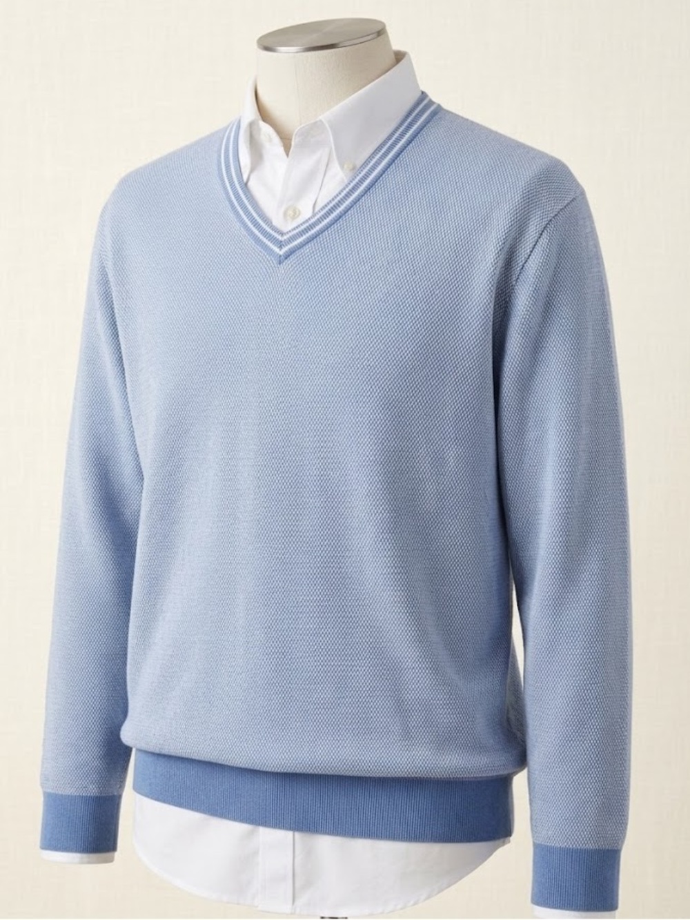 Vintage Brooks Brothers Pima Cotton V-Neck Sweater XXL Blue White Textured Knit